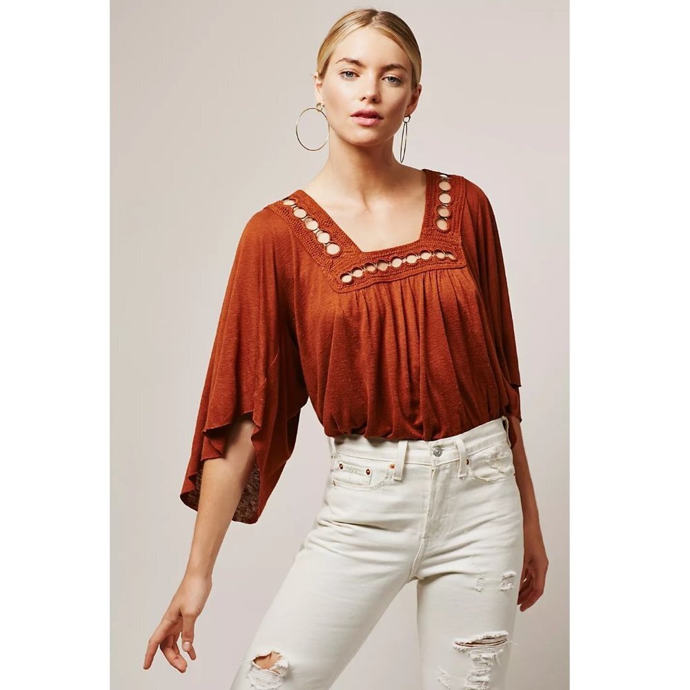 Free People Moonlight Squared Neckline Crochet Trim Metal Rings‎ Wide Sleeve Top